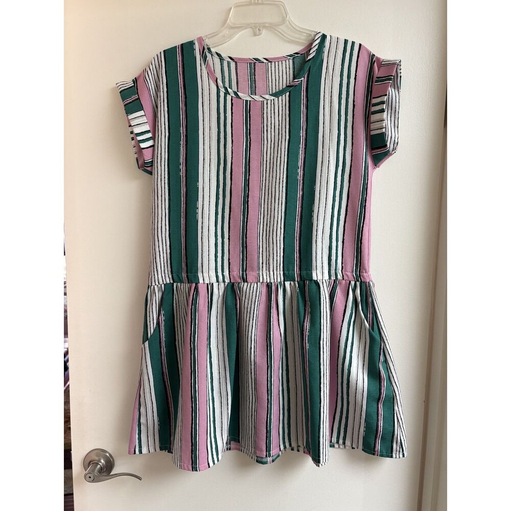 Retro Mod Pink Green Stripe Resort Mini Dress S Babydoll Drop Waist Pocket Twee - Picture 2 of 7